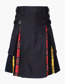Traditional Black with Tartans Pleated Hybrid Kilt - Front Image 