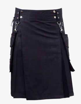 Traditional Mens Black Utility Kilt with detachable Pockets - Front Image 