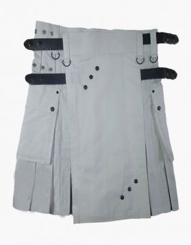 White and Black Women Hybrid Kilt with Leather Straps - Front Image 