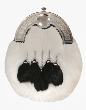 White Rabbit Fur Full Dress Kilt Sporran with 5 Tassels- Front Image