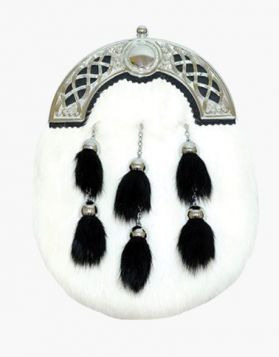 White Rabbit Fur Full Dress Kilt Sporran with Celtic Cantle- Front Image