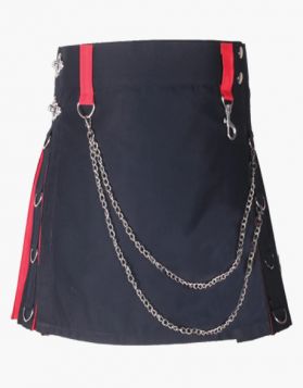 Women Black and Red Hybrid Short Kilt with Chains- Back Image