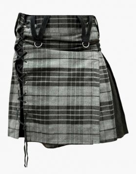 Women Grey Watch Box Pleated Hybrid Mini Kilt - Front Image