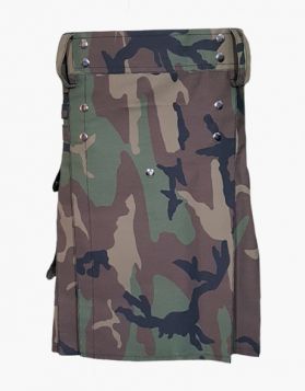 Woodland Camo Tactical Kilt with Studded Apron- Front Image